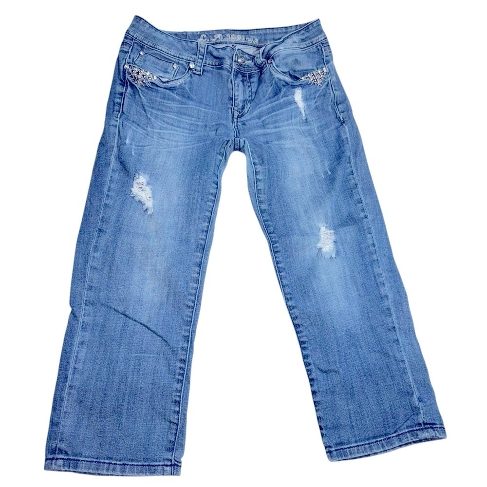 L.A. Idol Women’s Jr Cropped Denim Jeans Size 9 Blue 97% Cotton BLING Pockets